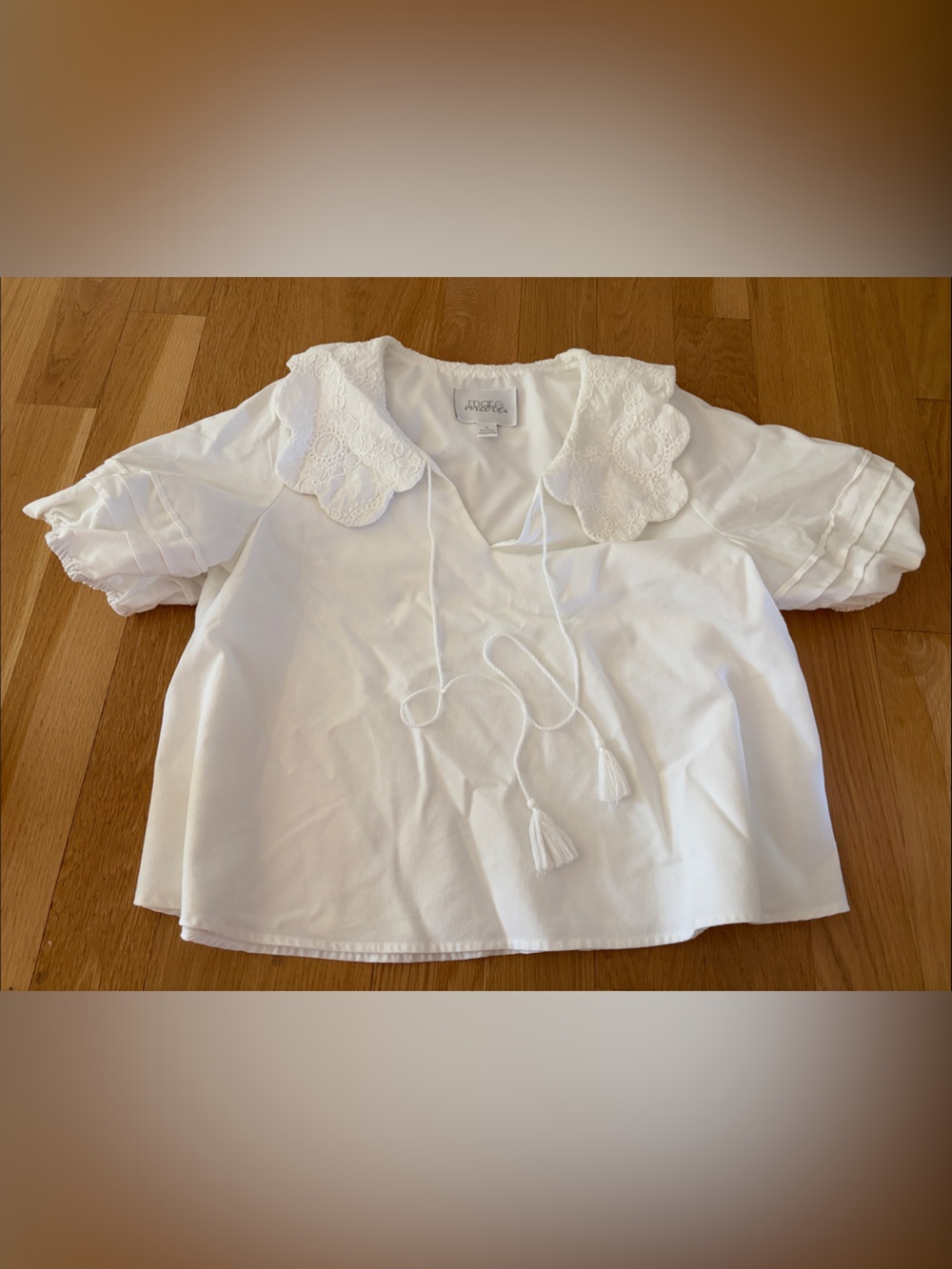 Eyelet Scallop Collar White Blouse with Tassel Tie